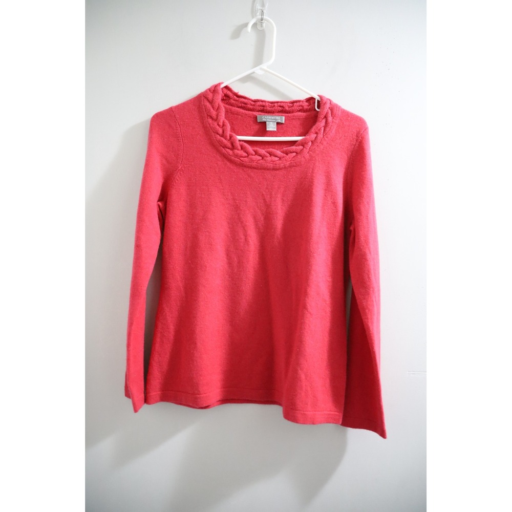 Charter Club Cashmere Sweater Womens Medium Coral Pink Braided Neck 2-Ply‎ Knit